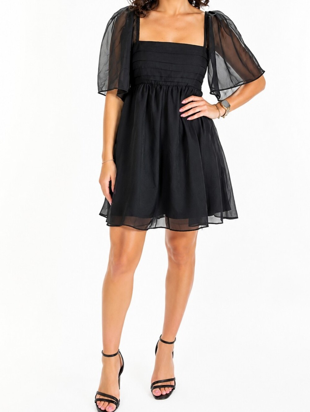 Abercrombie & Fitch Black Square-Neck Mini Dress with Sheer Puff Sleeves Size L